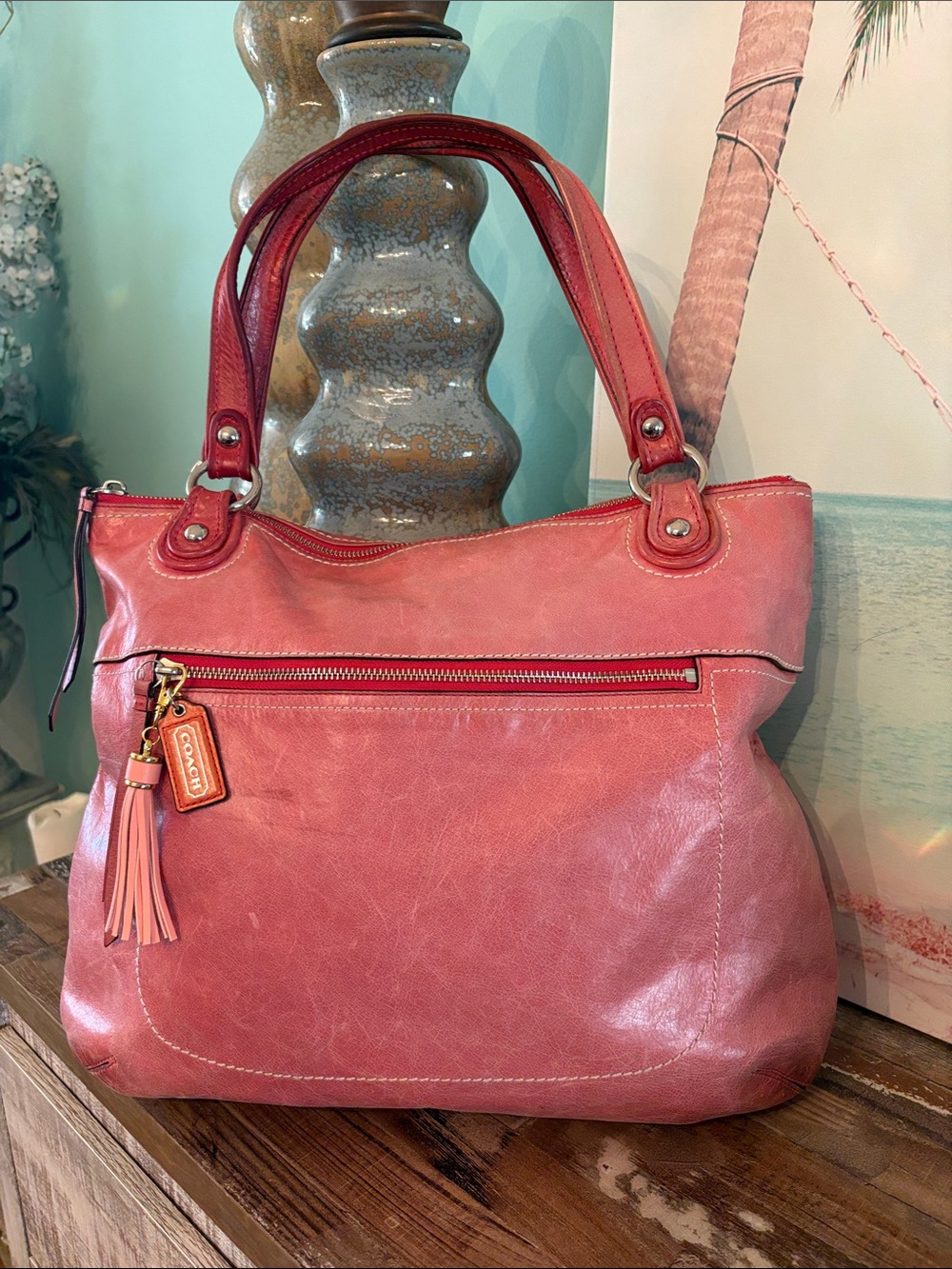 Vintage Coach Pink Leather Shoulder Tote with Tassel Accent